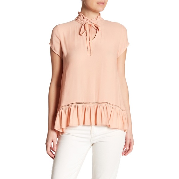 Ro & De Tops - RO & DE Blush Pink Short Slv. Flowy Tie Ruffle Top